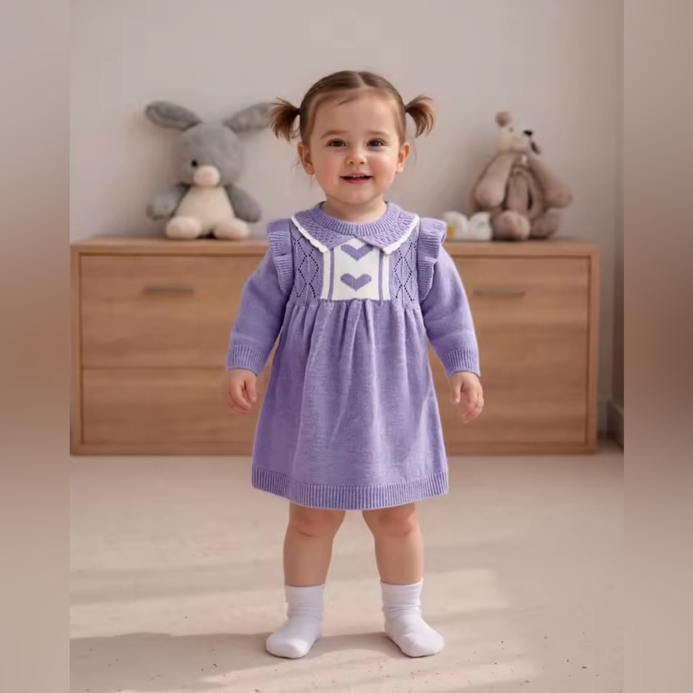 Lavender Knit Baby Girl Dress with Heart Detail – Size 9-12M